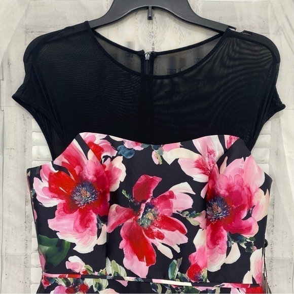 Adrianna Papell Pink Black Illusion Floral Mikado Gown Dress Formal Full Length - Picture 6 of 16